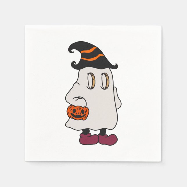 Ghost holding pumpkin and wearing witch hat napkin (Front)