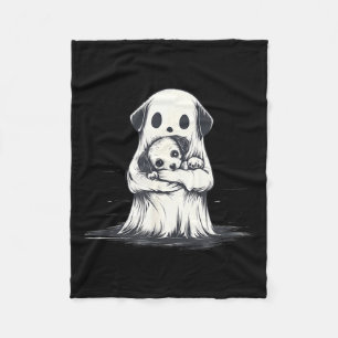 Ghost Holding Puppy Dog Funny Halloween Costume Fleece Blanket
