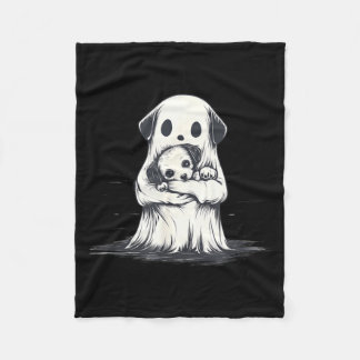 Ghost Holding Puppy Dog Funny Halloween Costume Fleece Blanket