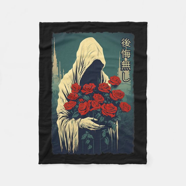 Ghost Holding Red Roses Halloween Sad Aesthetic St Fleece Blanket (Front)