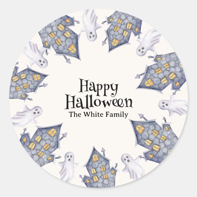 Ghost House Happy Halloween Custom Family Name Classic Round Sticker (Front)