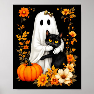 Ghost Hugging Black Cat Halloween Cats Lover Women Poster