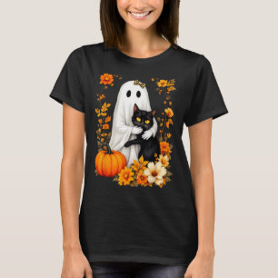 Ghost Hugging Black Cat Halloween Cats Lover Women T-Shirt