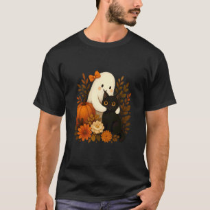 Ghost Hugging Cat Surrounded by Pumpkins Halloween T-Shirt