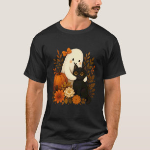 Ghost Hugging Cat Surrounded by Pumpkins Halloween T-Shirt