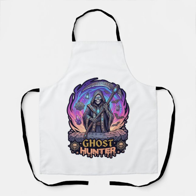 Ghost Hunter Grim Reaper Skeleton Scythe Purple Fl Apron (Front)