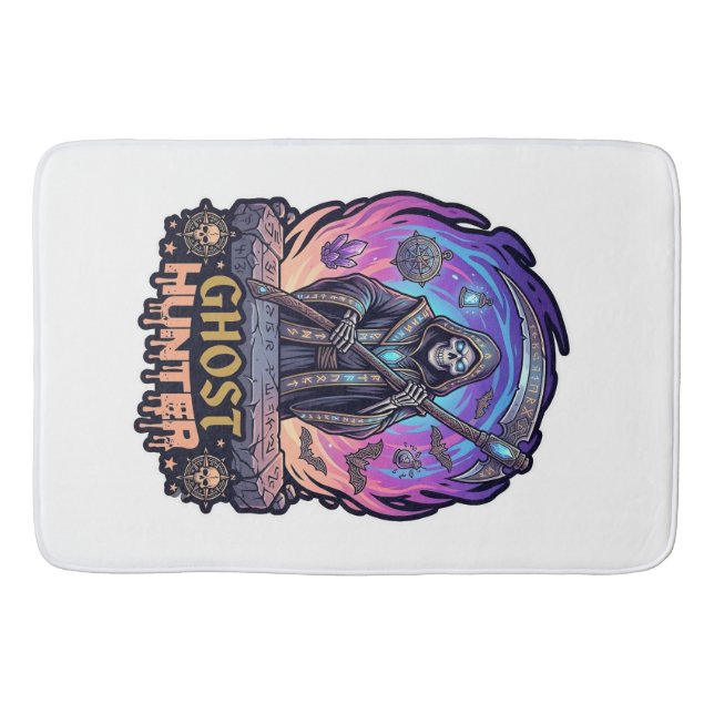 Ghost Hunter Grim Reaper Skeleton Scythe Purple Fl Bath Mat (Front)