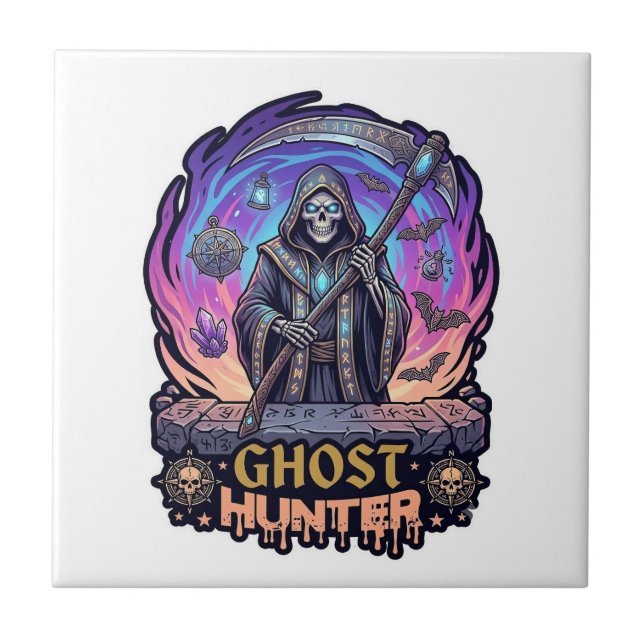 Ghost Hunter Grim Reaper Skeleton Scythe Purple Fl Ceramic Tile (Front)