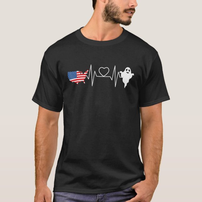 Ghost Hunting Heartbeat Patriotic American Flag US T-Shirt (Front)