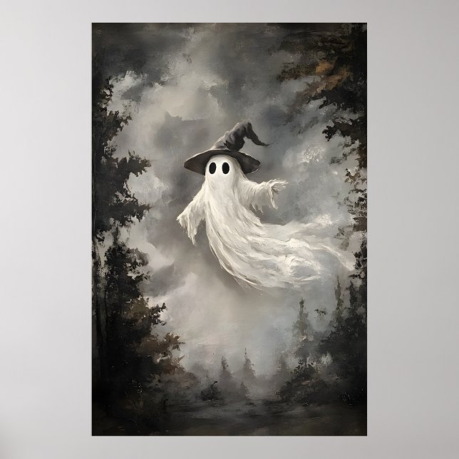 Ghost In Fall Forest Print, Ghost Whimsical Dark Poster (Front)