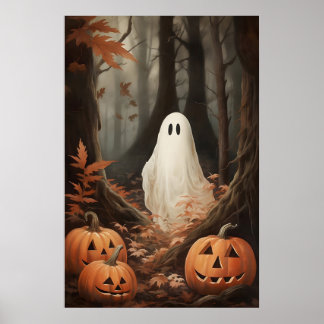 Ghost In Fall Woods With Pumpkins, Dark Academia Poster