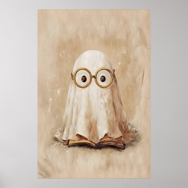 Ghost in glasses with book print, digital poster (Front)