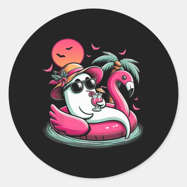 Ghost In Lifebuoy Flamingo On A Pool Float Summer  Classic Round Sticker (Front)