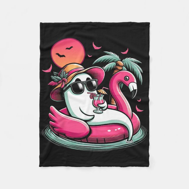 Ghost In Lifebuoy Flamingo On A Pool Float Summer  Fleece Blanket (Front)