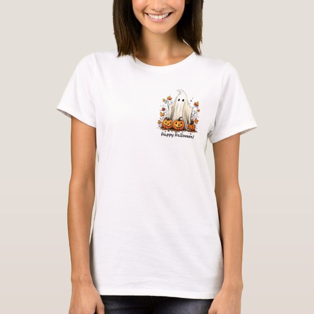 Ghost In Pumpkins Around Fall Leaves T-Shirt (Front)