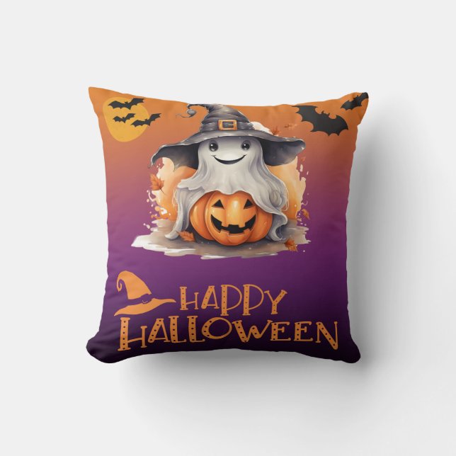 Ghost in Witches Hat Jack-O' Lantern Halloween Cushion (Front)