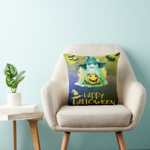 Ghost in Witches Hat Jack-O' Lantern Halloween Cushion