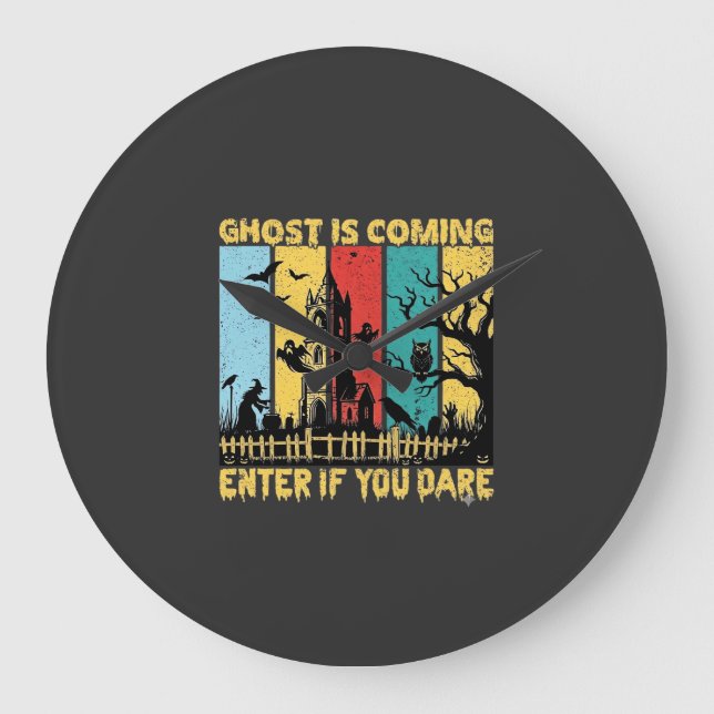 Ghost Is Coming Halloween Haunted House Witch Owl_ Large Clock (Front)