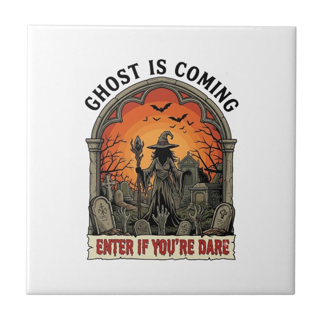 Ghost Is Coming Witch Graveyard Zombie Hands Hallo Ceramic Tile (Front)