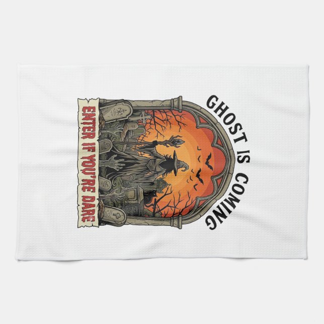 Ghost Is Coming Witch Graveyard Zombie Hands Hallo Tea Towel (Horizontal)