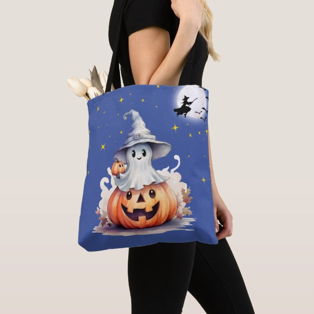 Ghost Jack-O' Lantern Full Moon Stars Halloween Tote Bag (Close Up)