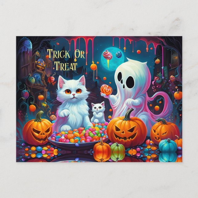 Ghost Kitten Pumpkin Candy Halloween Holiday Postcard (Front)