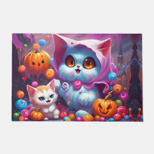 Ghost Kitten Pumpkin Candy Trick Or Treat Doormat