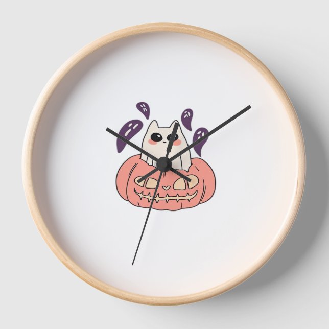 Ghost Kitty in a pumpkin Classic T-Shirt Clock (Front)