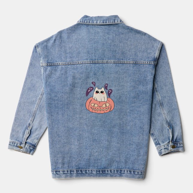 Ghost Kitty in a pumpkin Classic T-Shirt Denim Jacket (Back)