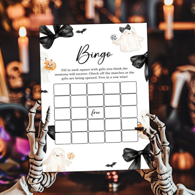 Ghost Little Boo Halloween Bingo Game (Black Bow Little Boo Halloween Baby Shower Bingo Game)
