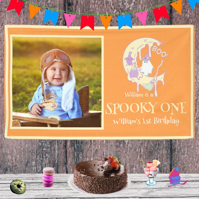Ghost Moon Spooky One Boy 1st Birthday Halloween Banner (Creator Uploaded)