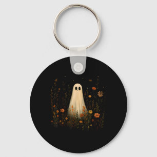 Ghost On A Flower Meadow Halloween Fall Design Key Ring