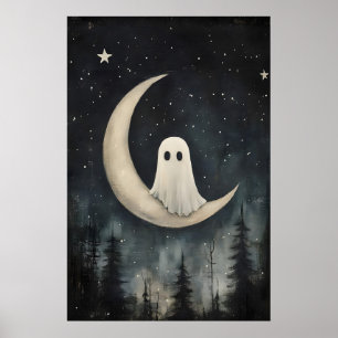Ghost On Moon Print, Spooky Gothic Forest, Dark Poster