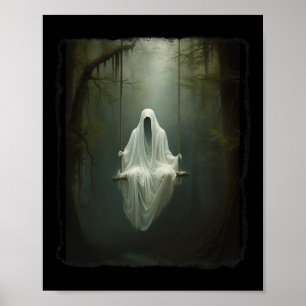 Ghost On The Swing In Floral Forest Halloween Vint Poster