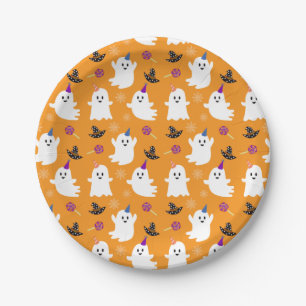 Ghost Orange Pattern Halloween Birthday Party Kids Paper Plate
