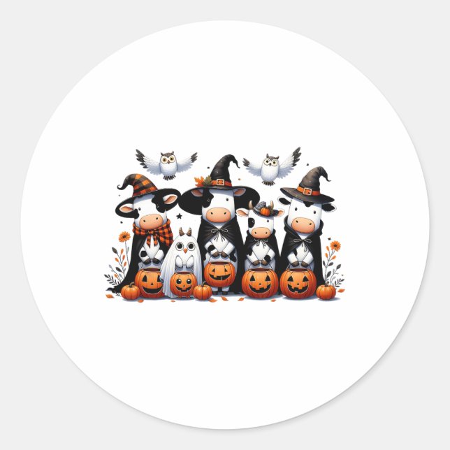 Ghost Owls Cows Halloween Animals Cow Lover Spooky Classic Round Sticker (Front)