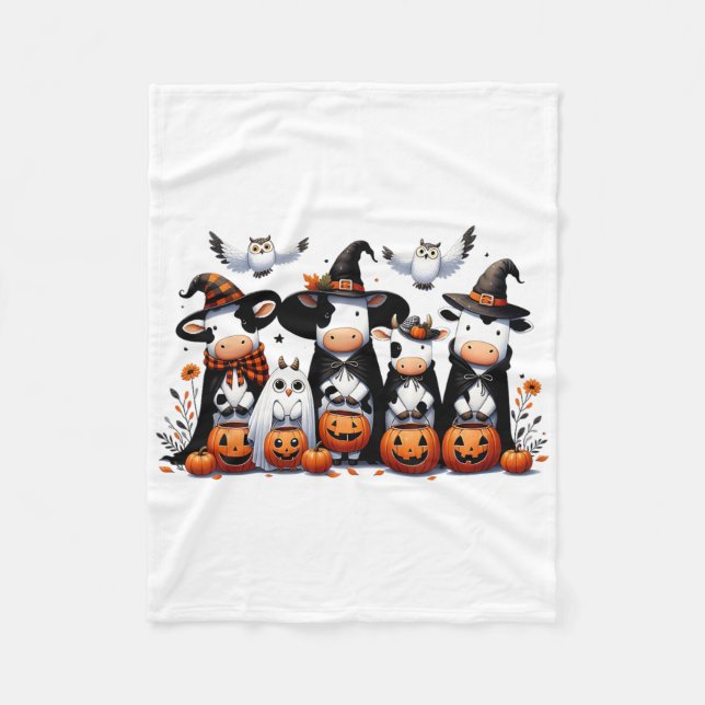 Ghost Owls Cows Halloween Animals Cow Lover Spooky Fleece Blanket (Front)