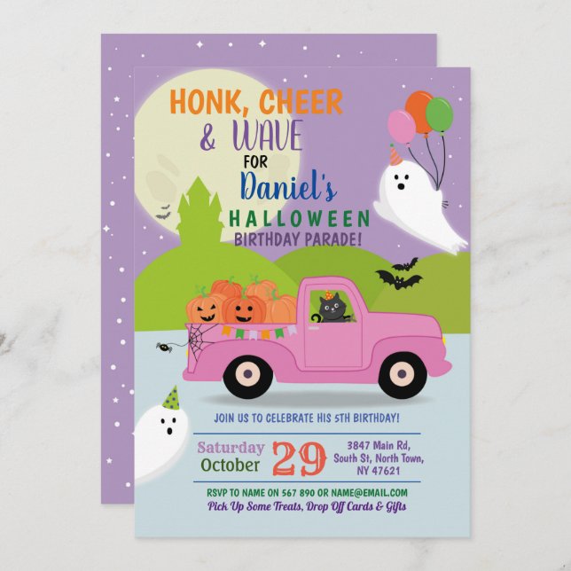 Ghost Party Birthday Parade Drive By Pink Truck Invitation (Front/Back)