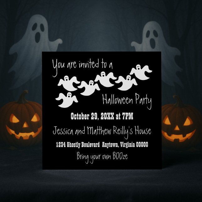 Ghost Party Halloween Invitation, Black Invitation (Black Ghost Party Halloween Invitation)