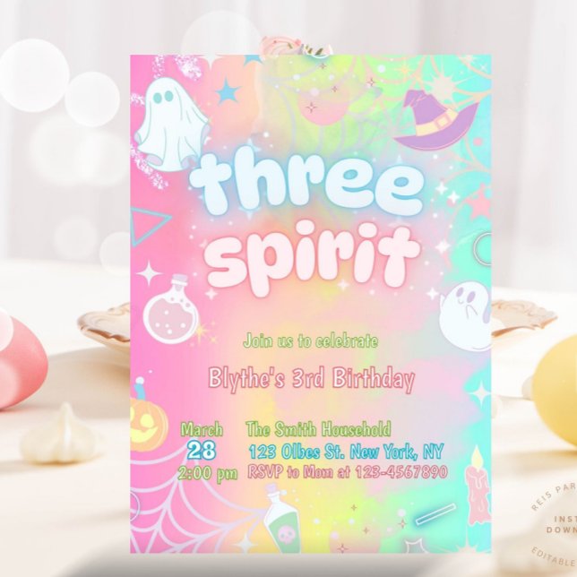 Ghost Pastel Neon Glow 3rd Birthday Halloween Invitation (three spirit, halloween birthday, halloween party, spooktacular party, halloween ghost party, ghost )