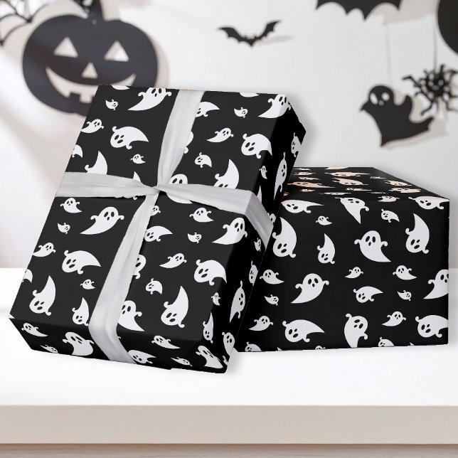 Ghost Pattern On Black Cute Playful Halloween Wrapping Paper (Creator Uploaded)