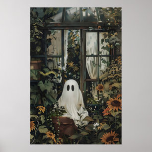 Ghost peeking from greenhouse window, plant lover poster