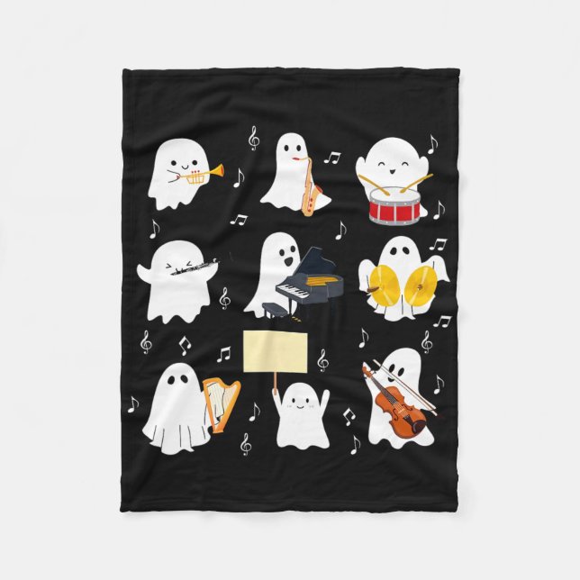 Ghost Playing Musical Instruments Halloween Music  Fleece Blanket (Front)