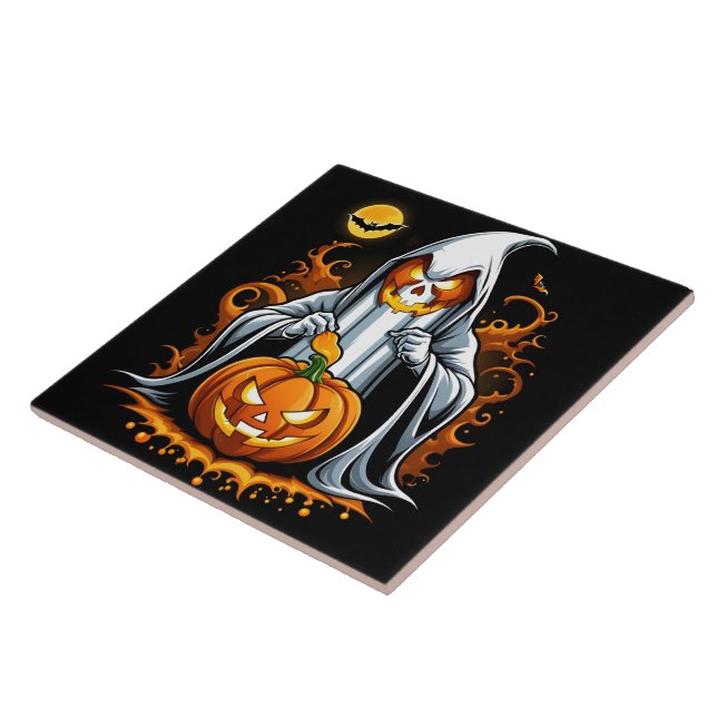 Ghost preps pumpkins for Halloween! Ceramic Tile (Side)