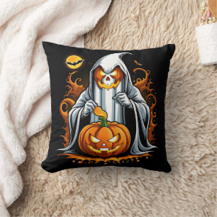 Ghost preps pumpkins for Halloween! Cushion
