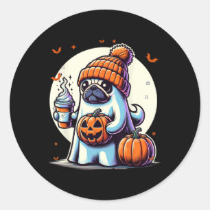 Ghost Pug Pumpkin Drinks Beanie Fall Halloween Classic Round Sticker