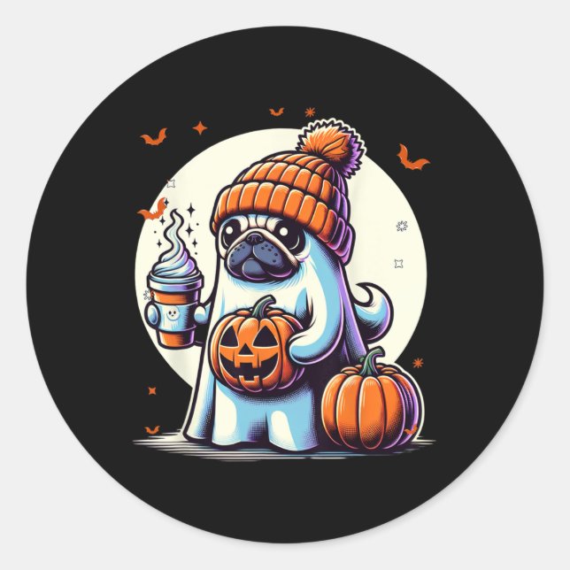 Ghost Pug Pumpkin Drinks Beanie Fall Halloween  Classic Round Sticker (Front)