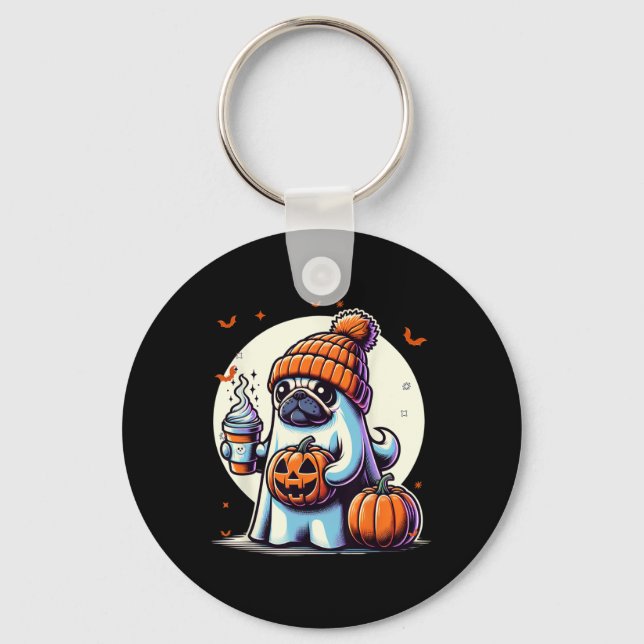 Ghost Pug Pumpkin Drinks Beanie Fall Halloween  Key Ring (Front)