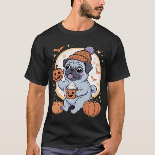 Ghost Pug Pumpkin Drinks Beanie Fall Halloween T-Shirt