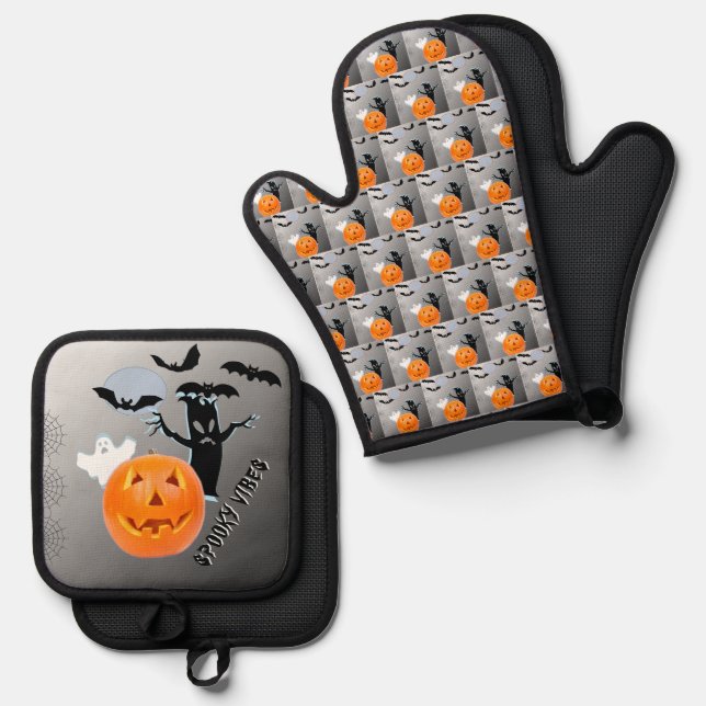Ghost Pumpkin Bats Halloween Kitchen Design Oven Mitt & Pot Holder Set (Front/Back)